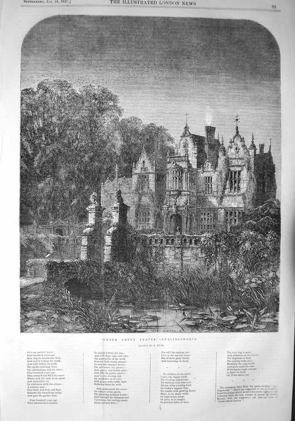 Old Antique Print 1857 Ancient House Architecture Fine Art Lullingsworth 19th