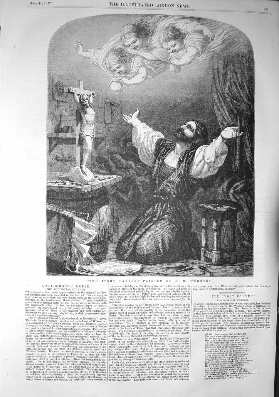 Original Old Antique Print 1857 Ivory Carver Charles Boker Fine Art Victorian