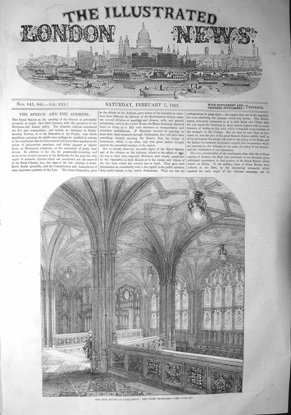 Original Old Antique Print 1857 New Houses Parliament Peers Staircase London