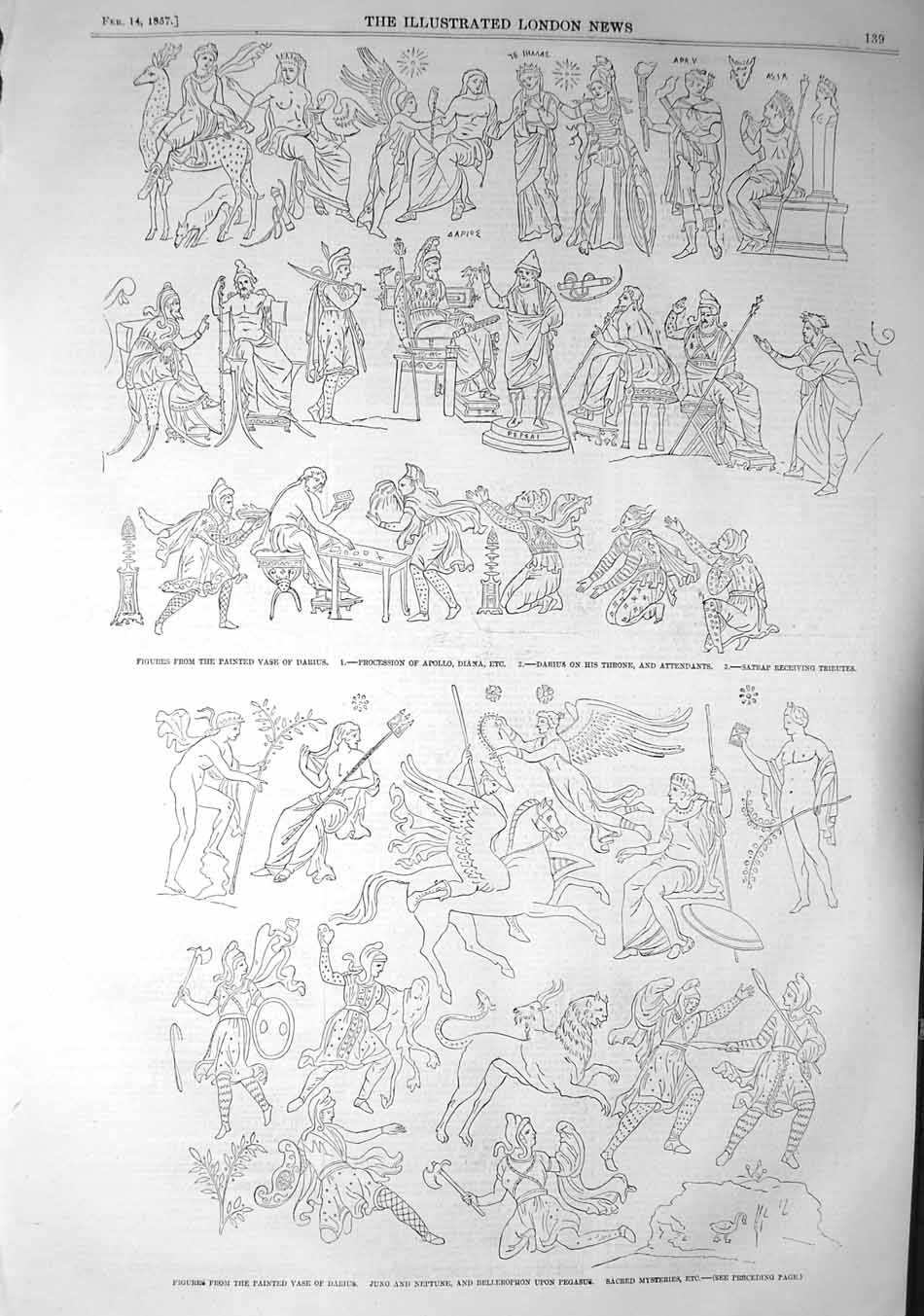 Original Old Antique Print 1857 Figures Painted Darius Apollo Diana Neptu 19th