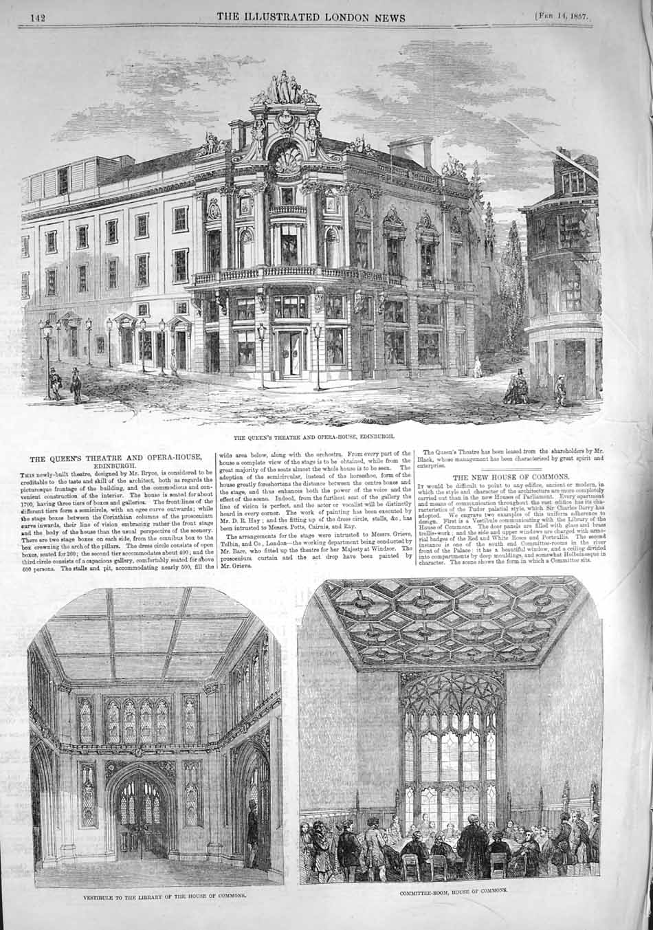 Old Antique Print 1857 Queen Theatre Opera House Edinburgh House Commons 19th