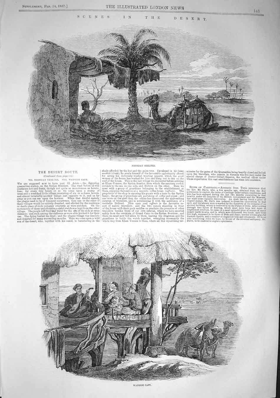 Original Old Antique Print 1857 Desert Noonday Shelter Camel Wayside CafÇ Scene