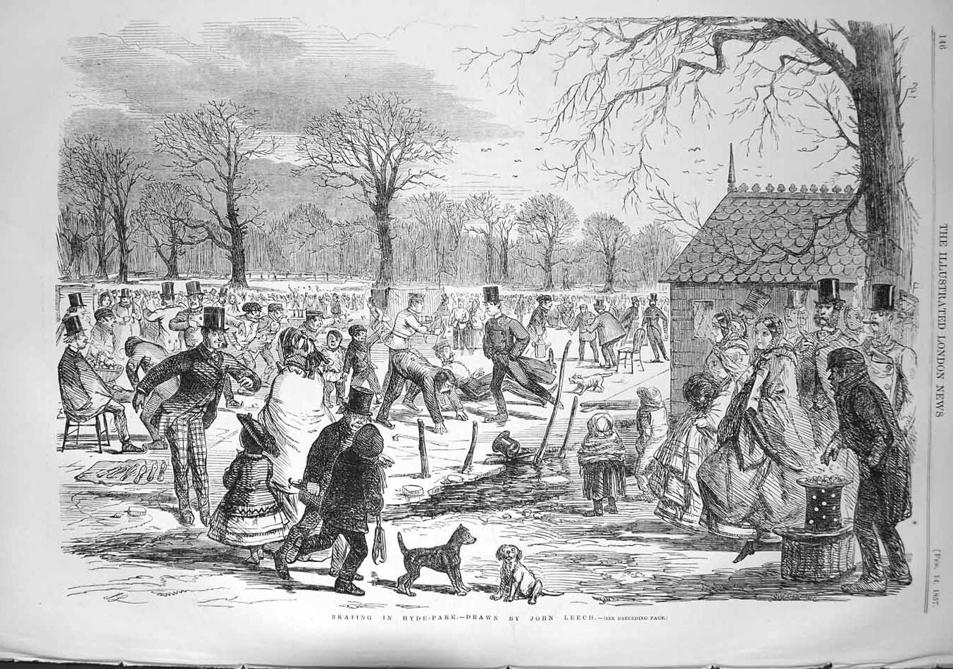 Original Old Antique Print 1857 Ice Skating Hyde Park London Winter Anumsements