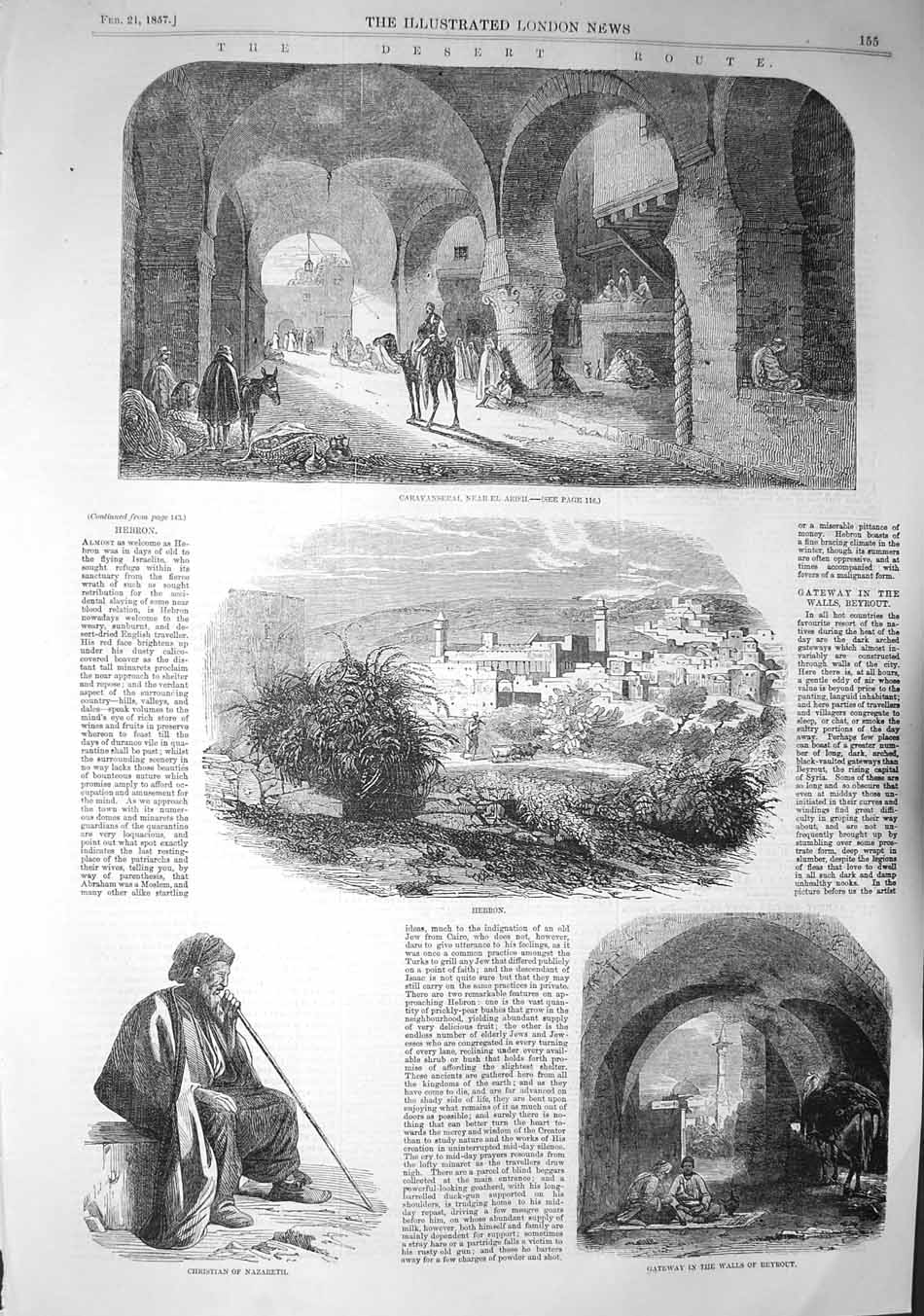 Old Antique Print 1857 Desert Caravanseral Arish Hebron Beyrout Nazareth 19th