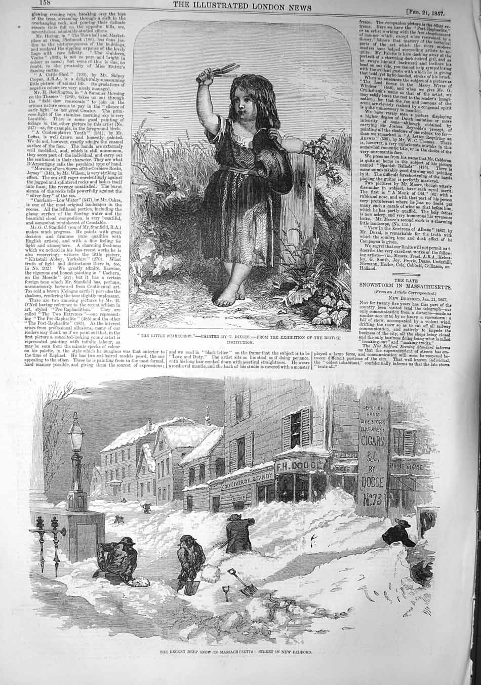 Old Antique Print 1857 Deep Snow Massachusetts Street Bedford Little Girl 19th