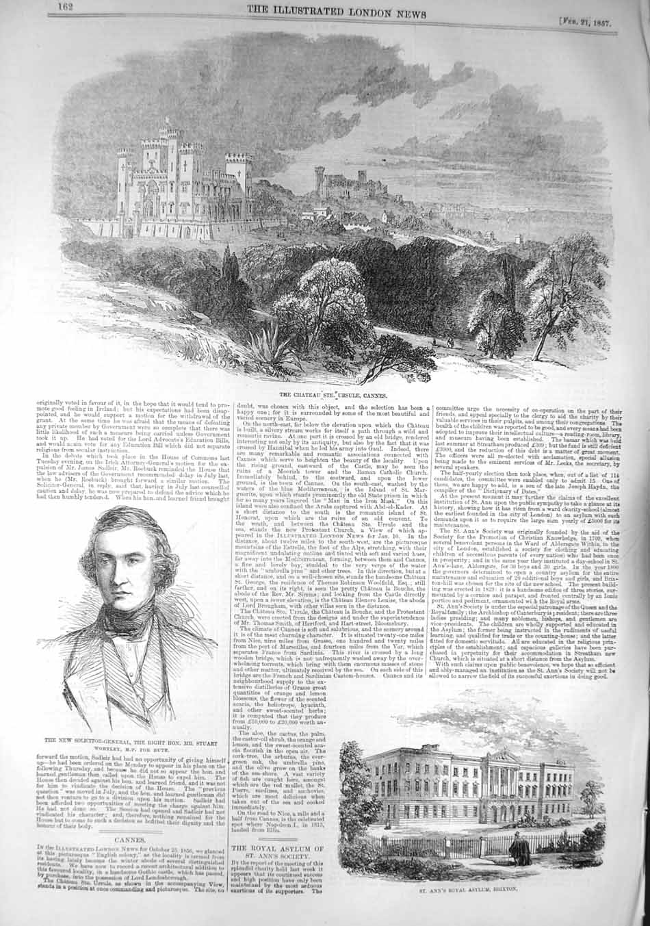 Old Antique Print 1857 Chateau Ursule Cannes France Stuart Asylum Brixton 19th