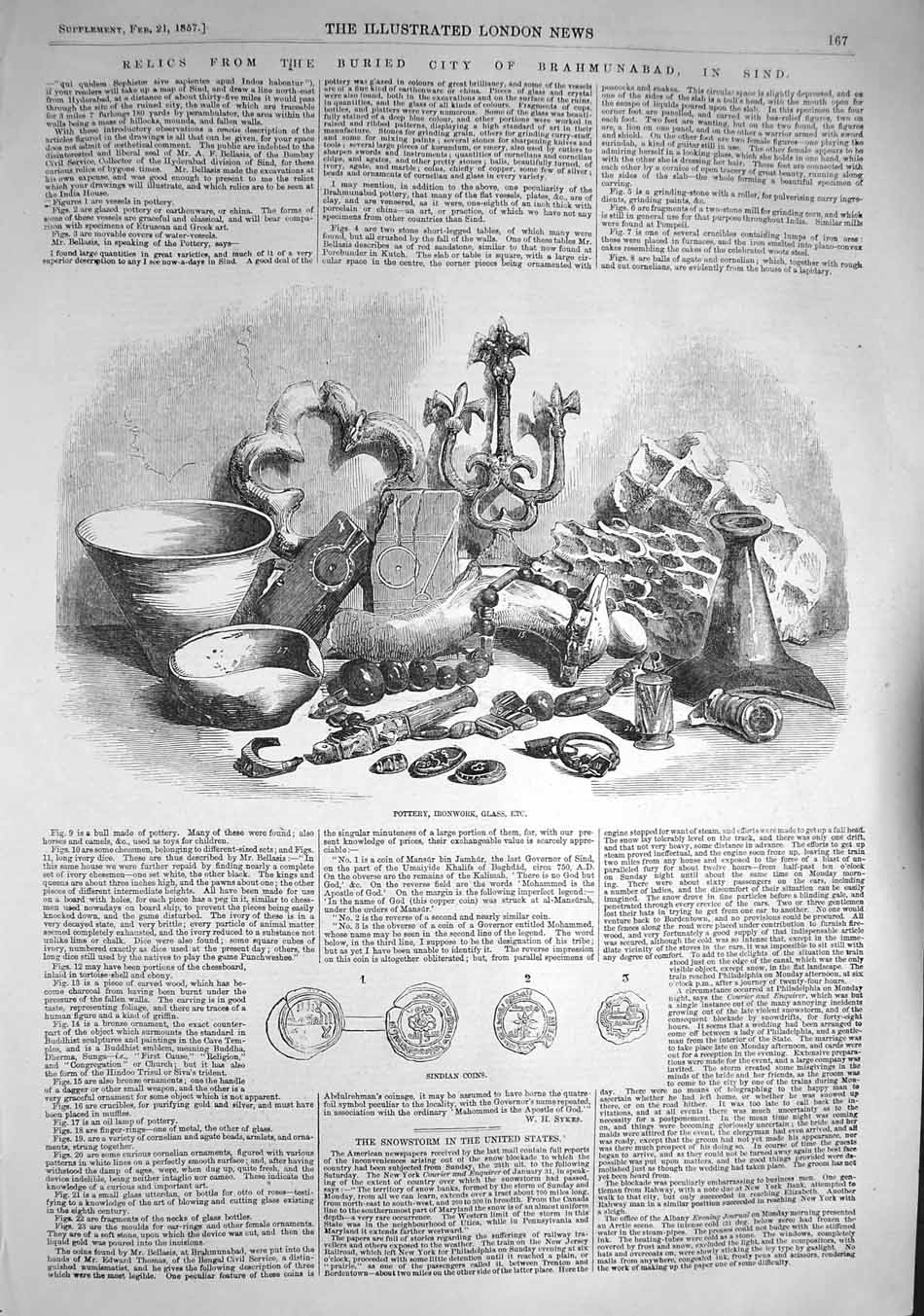 Original Old Antique Print 1857 Pottery Ironwork Glass Relics Brahmunabad Sind