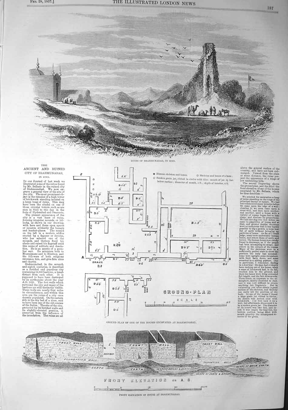 Original Old Antique Print 1857 Ruins Brahmunabad Sind Plan Excavations House