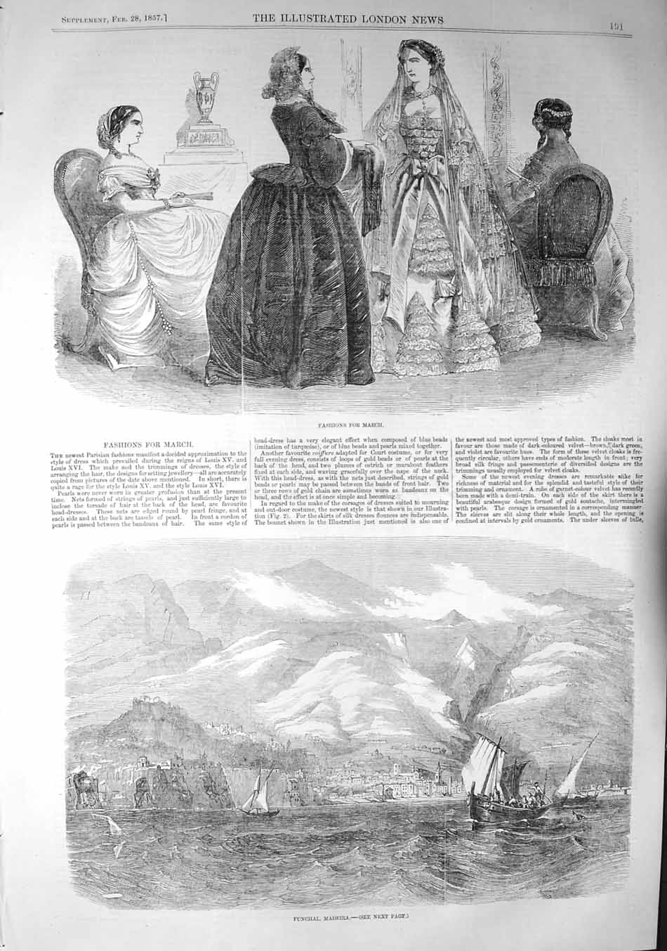 Original Old Antique Print 1857 Fashion View Funchal Madeira Boats Mo Victorian
