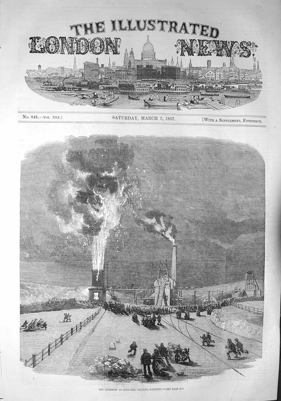 Original Old Antique Print 1857 Explosion Lund Hill Colliery Barnsley Mining
