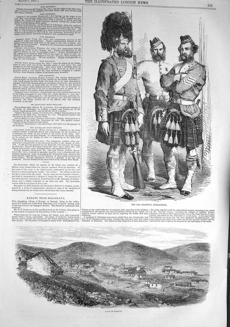Original Old Antique Print 1857 View Karani Balaclava Highlanders Siers War
