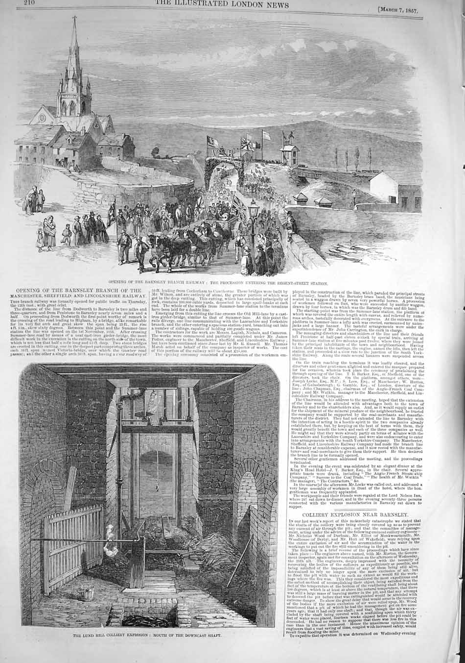 Old Antique Print 1857 Barnsley Branch Railway Lund Hill Colliery Shaft 19th