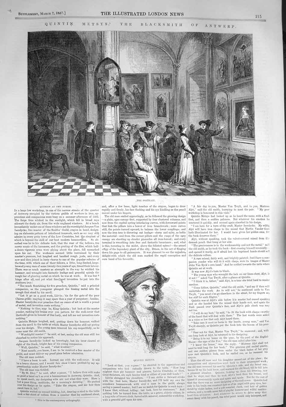 Original Old Antique Print 1857 Portrait Auintin Metsys Blacksmith Antwerp 19th