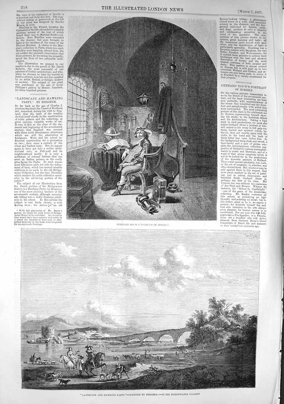 Original Old Antique Print 1857 Landscape Hawking Party Hunting Gerhard Douw