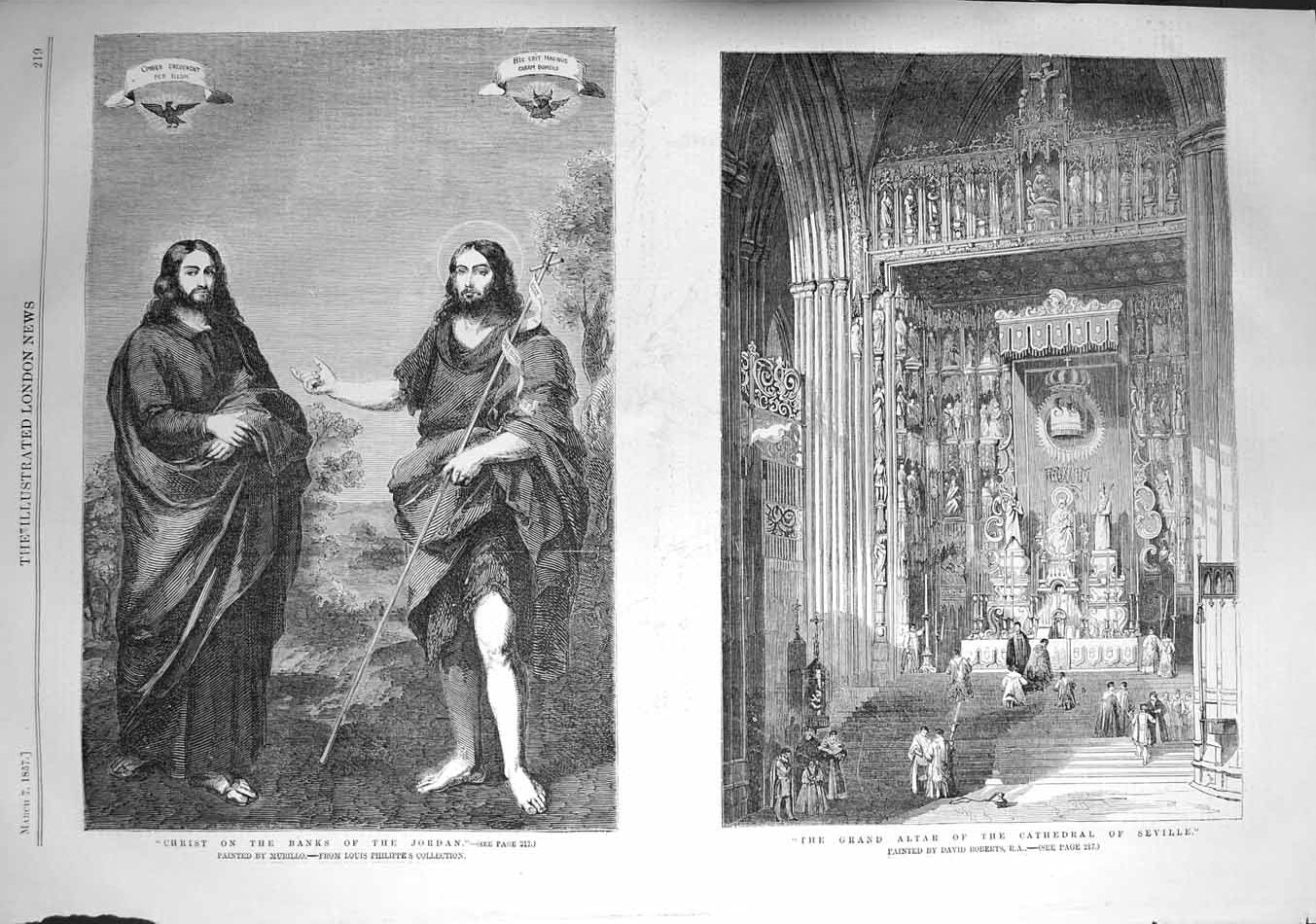 Old Antique Print 1857 Grand Altar Cathedral Seville Christ River Jordan 19th