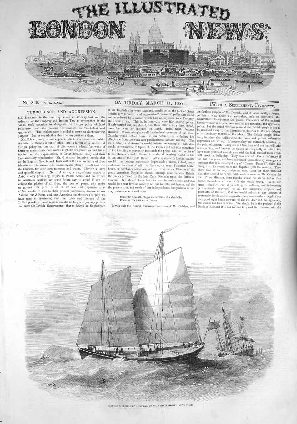 Original Old Antique Print 1857 Chinese Merchnats Lorchas Canton Rive Victorian