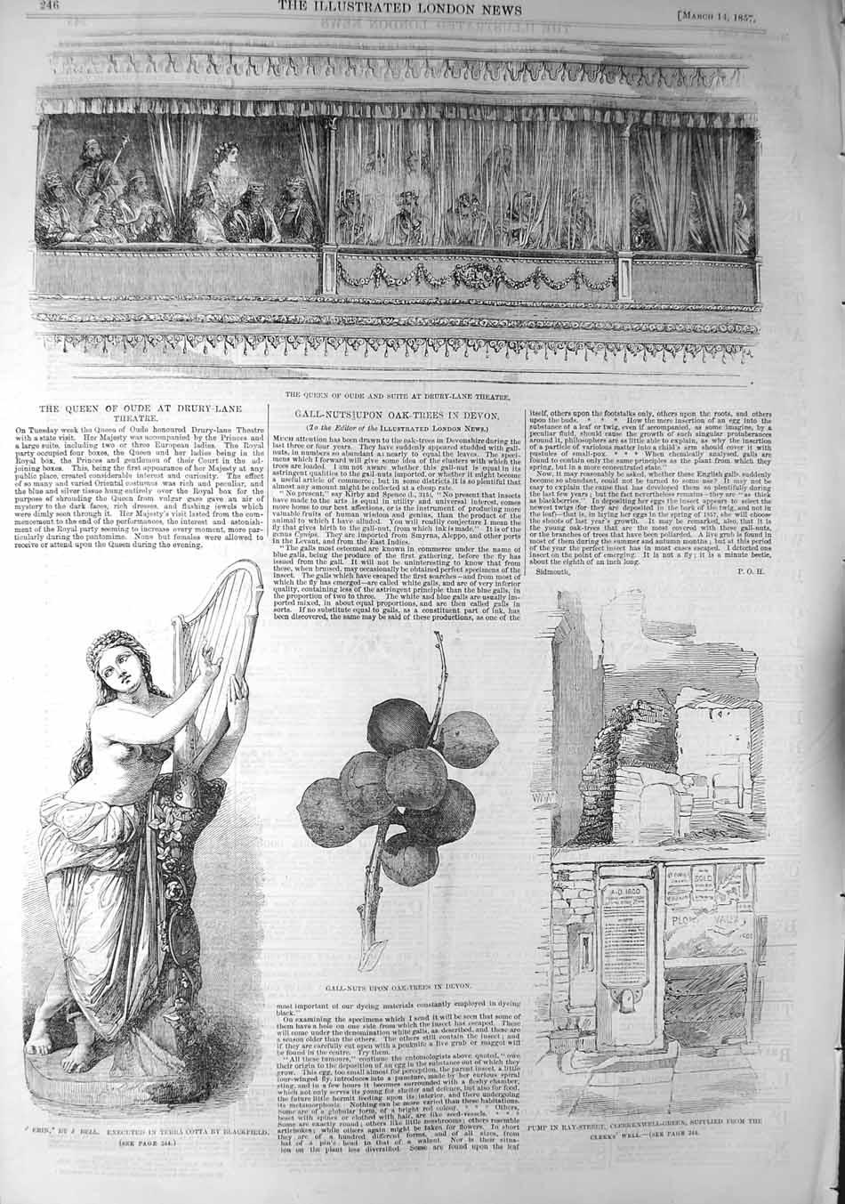 Original Old Antique Print 1857 Queen Oude Drury Theatre Erin Clerkenwell Pump