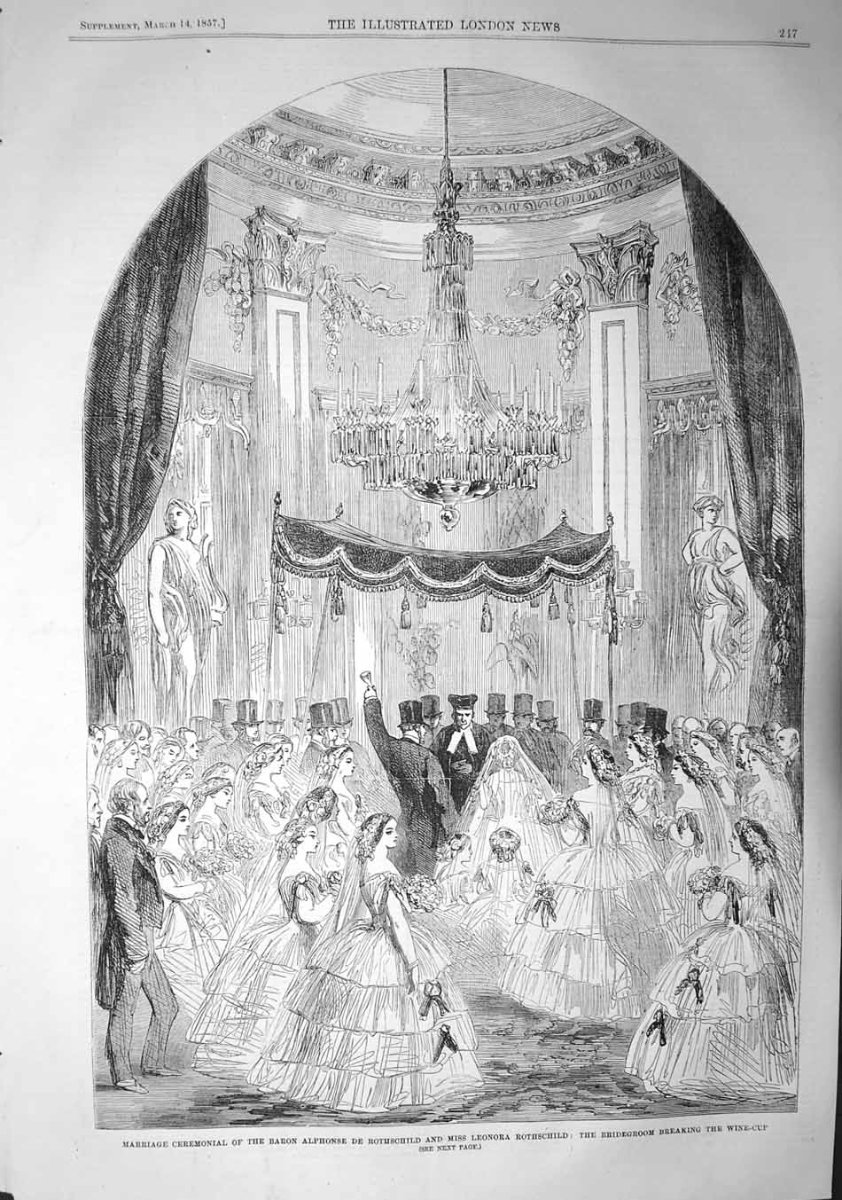 Original Old Antique Print 1857 Marriage Baron Alphonse Rothschild Leono 19th