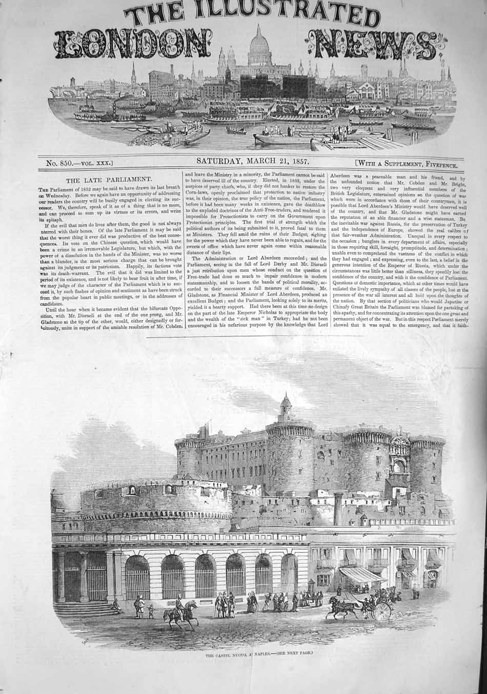 Original Old Antique Print 1857 Castel Nuovo Naples Italy Architecture 19th