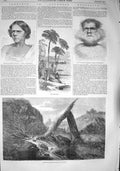 Original Old Antique Print 1857 River Falls Australia Emu Woman Man P Victorian
