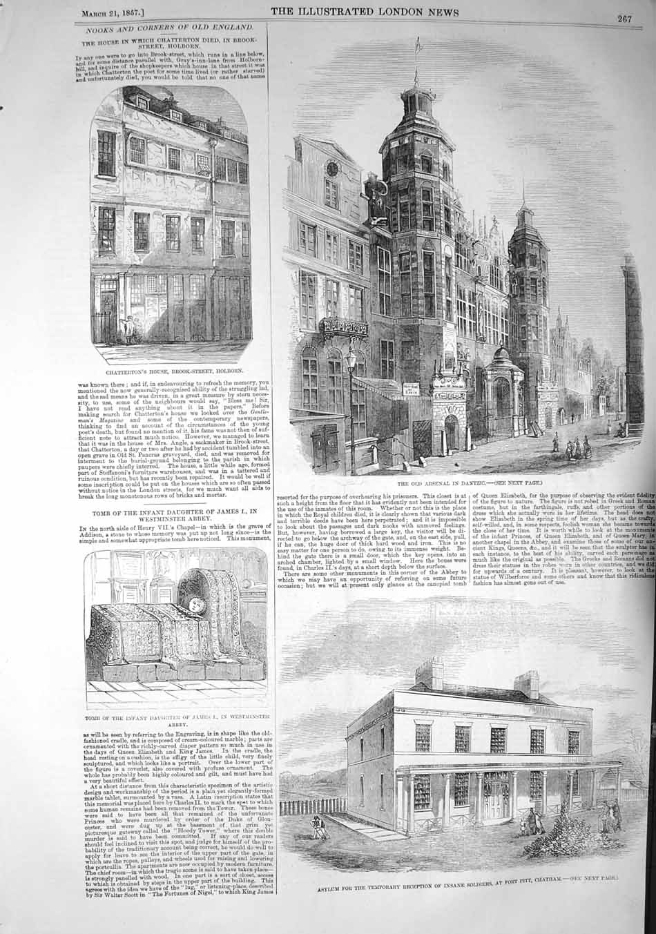 Original Old Antique Print 1857 Chatterton House Holborn Arsenal Dantzic 19th