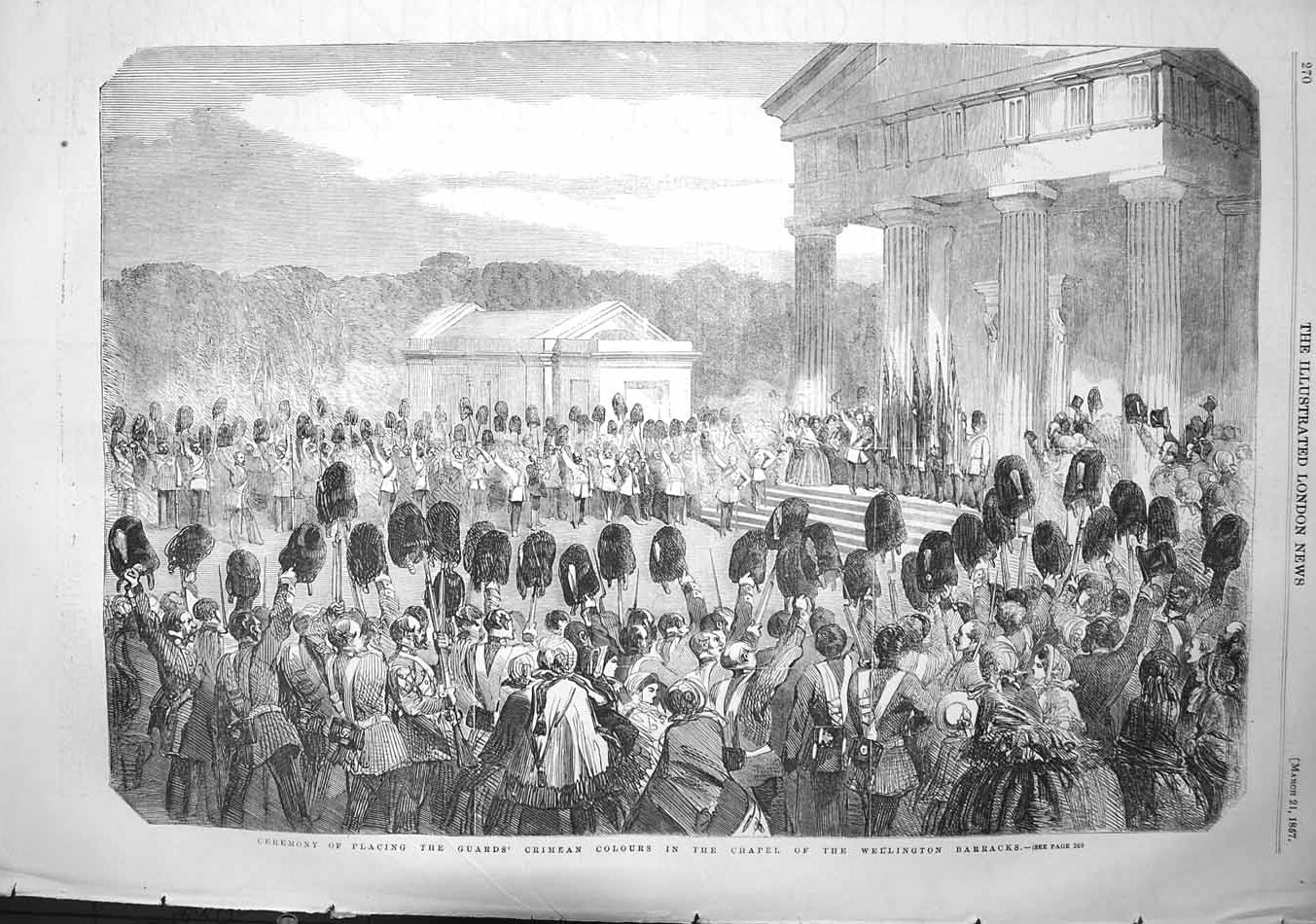 Original Old Antique Print 1857 Chapel Wellington Barracks Guards Crim Victorian