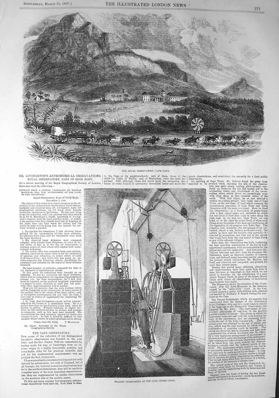 Original Old Antique Print 1857 Royal Observatory Cape Town Transit Ins 19th