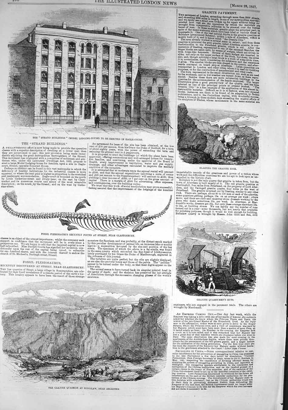Original Old Antique Print 1857 Strand Buildings Granite Quarry Aberdeen Fossil