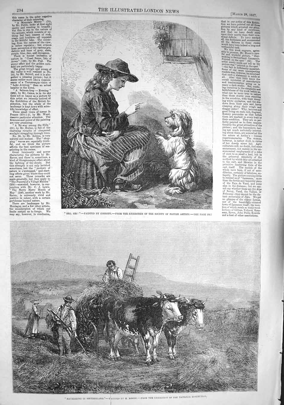 Original Old Antique Print 1857 Haymaking Switzerland Farming Young Girl Dog