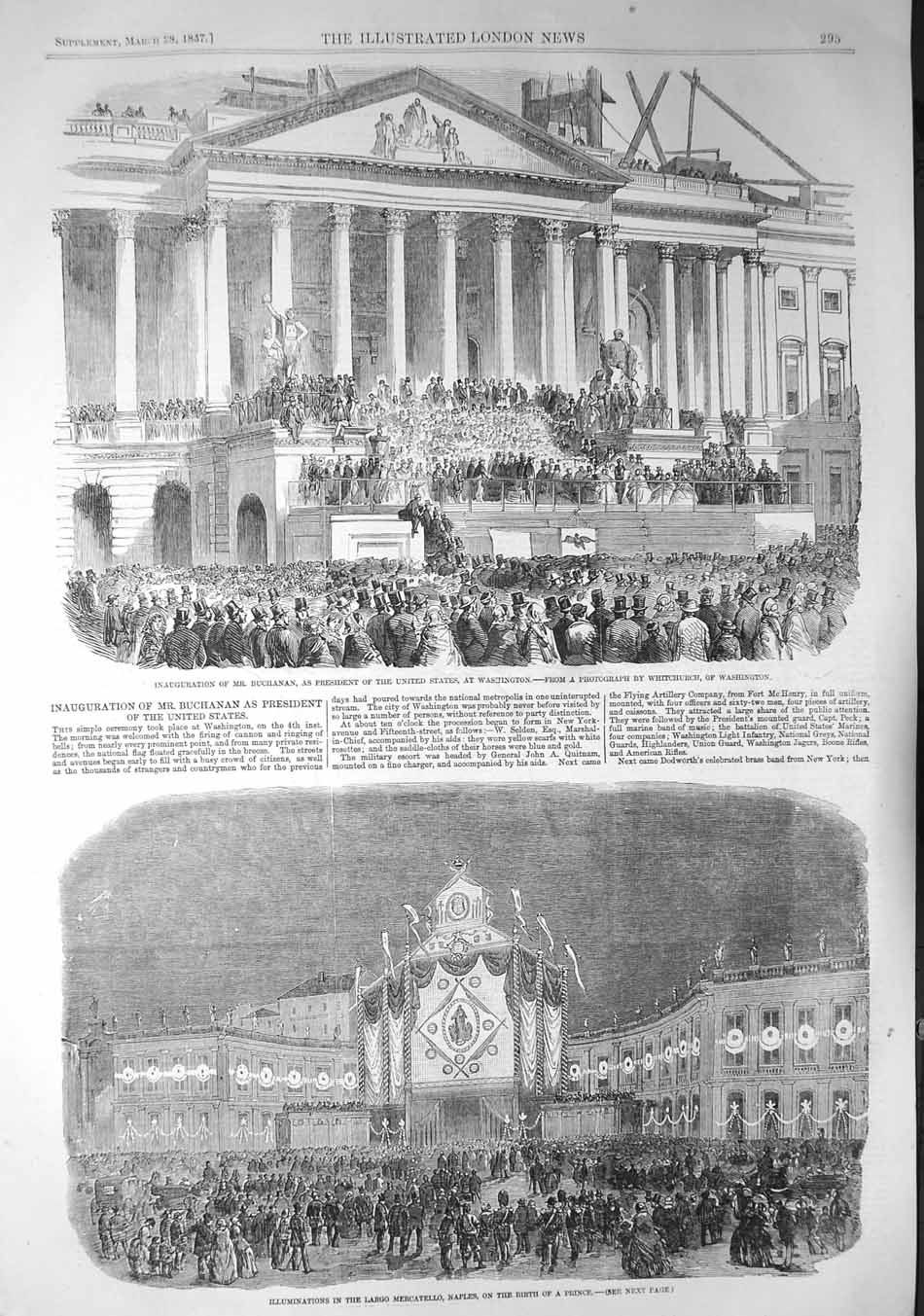 Original Old Antique Print 1857 Largo Mercatello Naples Buchanan Washington