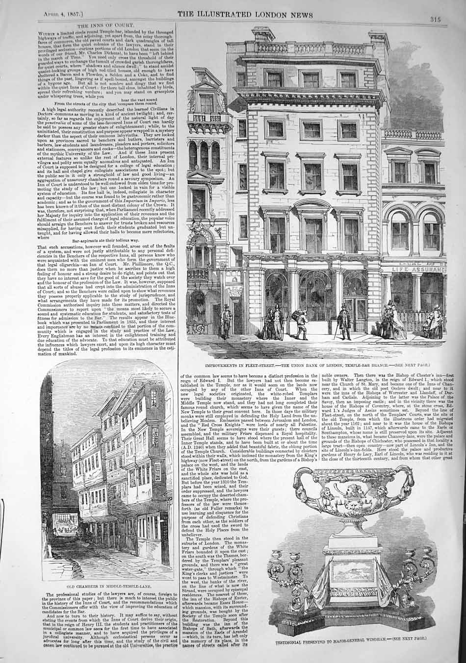 Old Antique Print 1857 Union Bank London Temple Bar Fleet Street Windham 19th