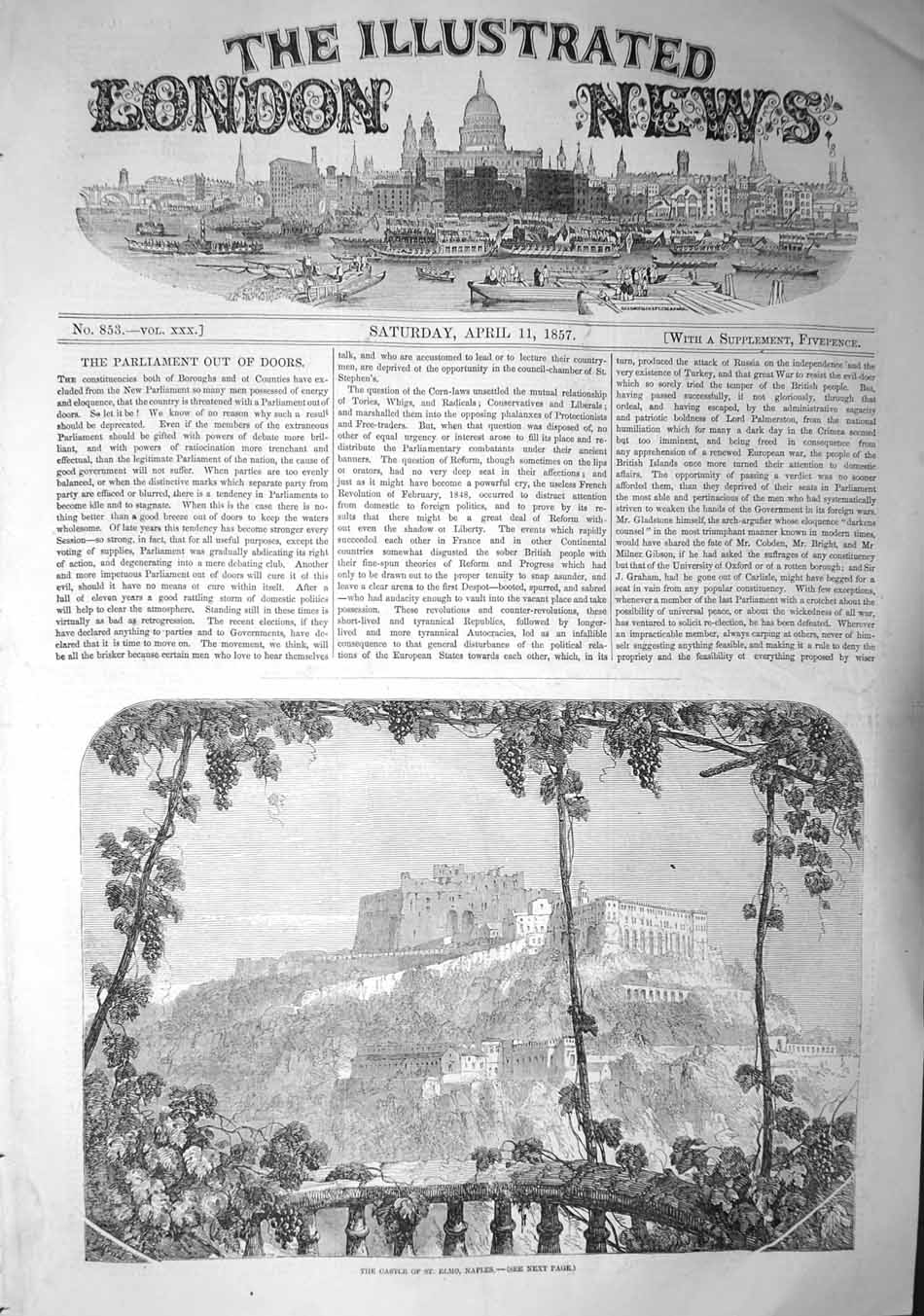 Original Old Antique Print 1857 View Castle St. Elmo Naples Italy Architecture