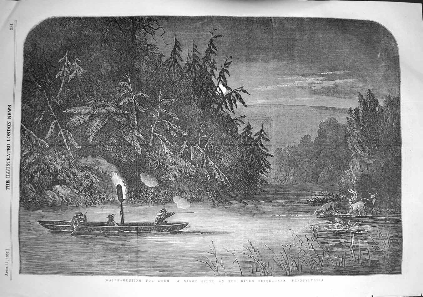 Original Old Antique Print 1857 Water Hunting Deer River Susquehana Penns 19th