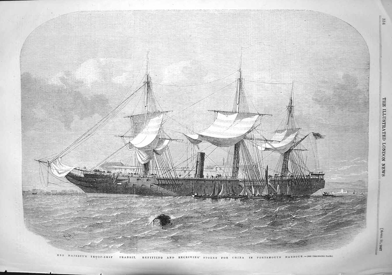 Old Antique Print 1857 Queen Troop Ship Transit China Portsmouth Harbour 19th