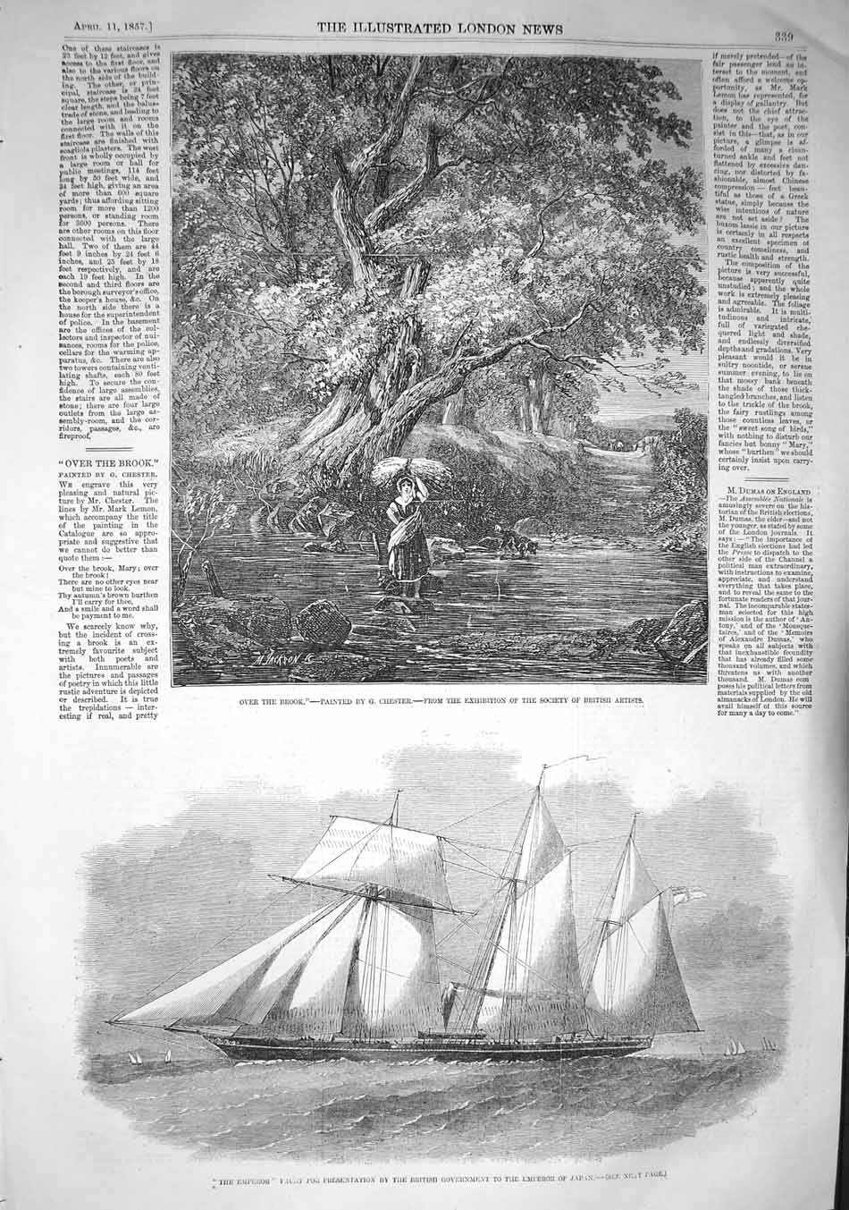 Original Old Antique Print 1857 Emperor Yacht British Ship River Brook Tre 19th