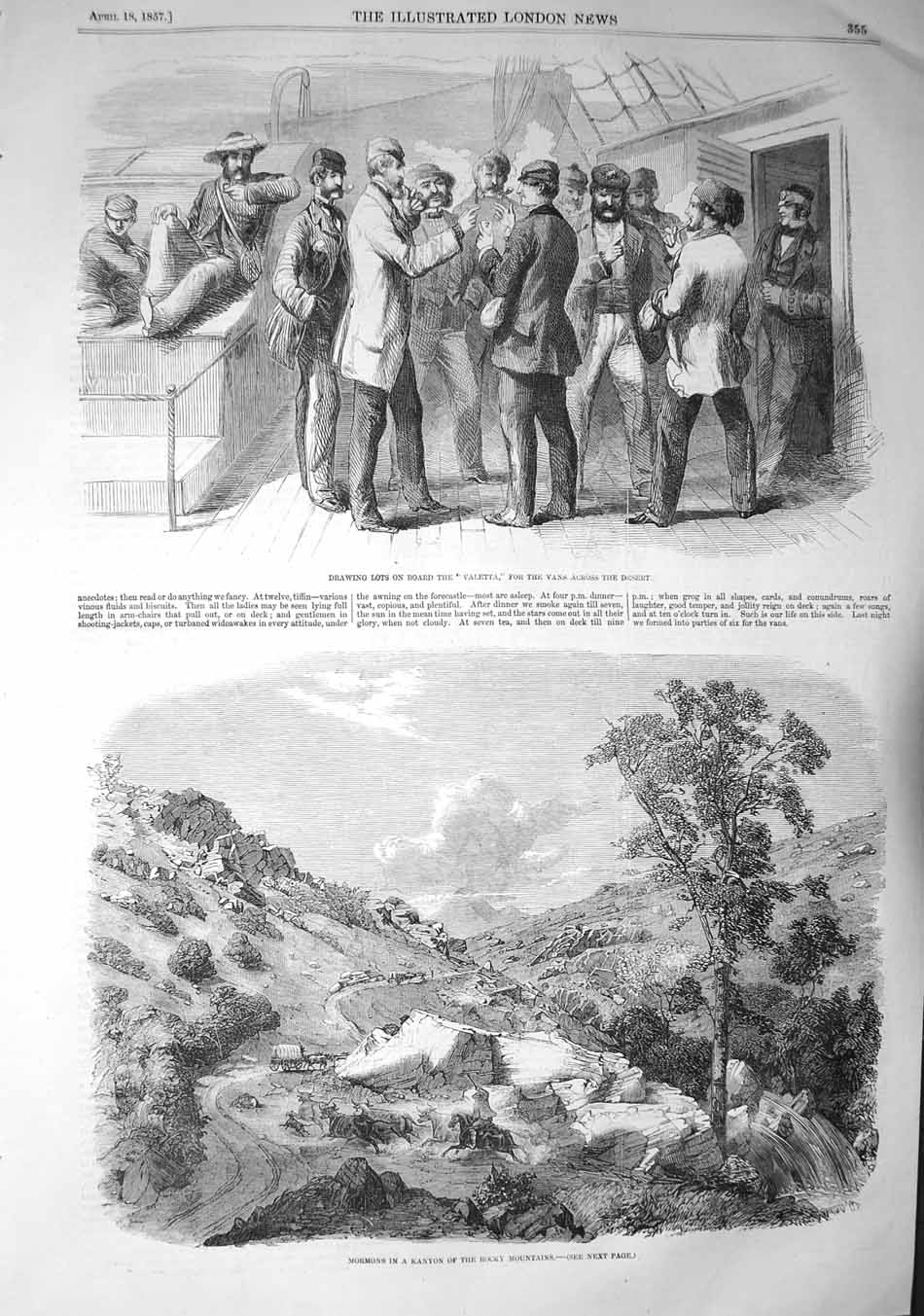 Original Old Antique Print 1857 Ship Valetta Mormons Kanyon Rocky Mountains