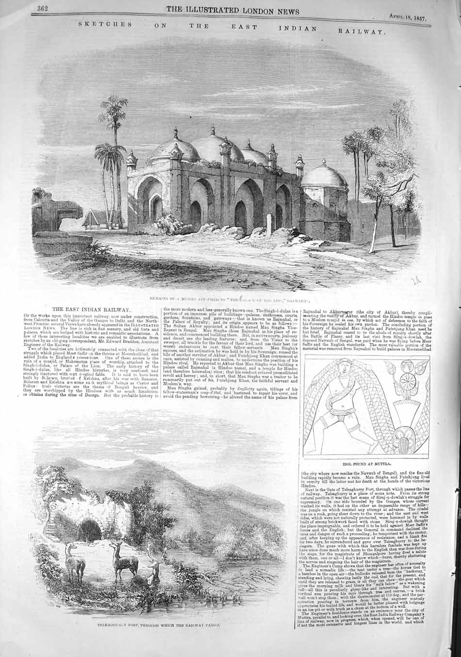 Original Old Antique Print 1857 Indian Railway Palace Teleaghurry Fort Muttra