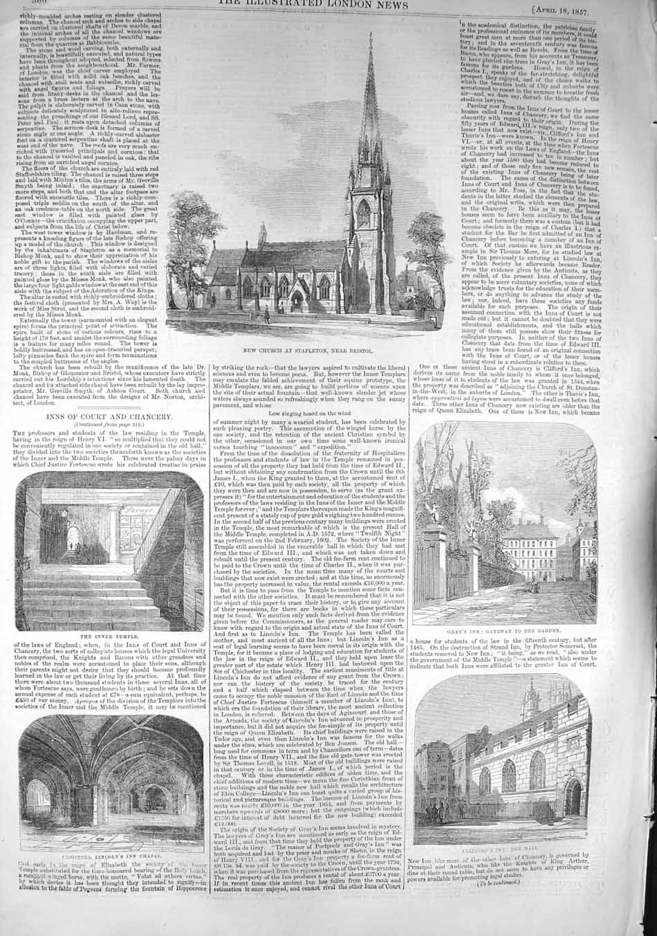 Old Antique Print 1857 Church Stapleton Bristol Gray'S Inn Clifford'S Inn 19th