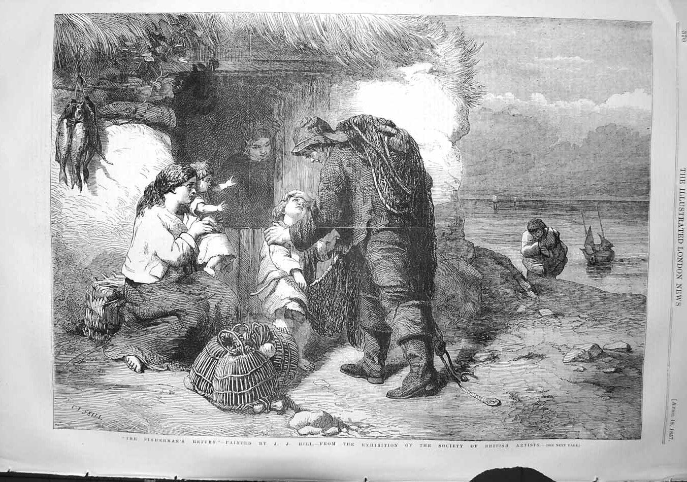 Original Old Antique Print 1857 Scene Fisherman Return Home Sea Family Home