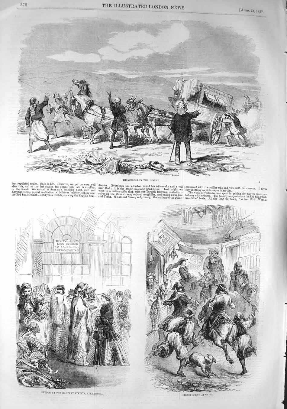 Old Antique Print 1857 Travelling Desert Railway Station Alexandria Cairo 19th