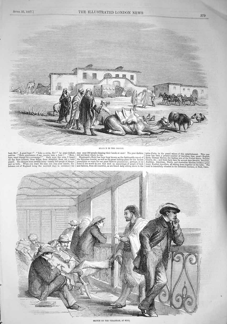 Original Old Antique Print 1857 Desert Station Camels Scene Verandah Suez Egypt
