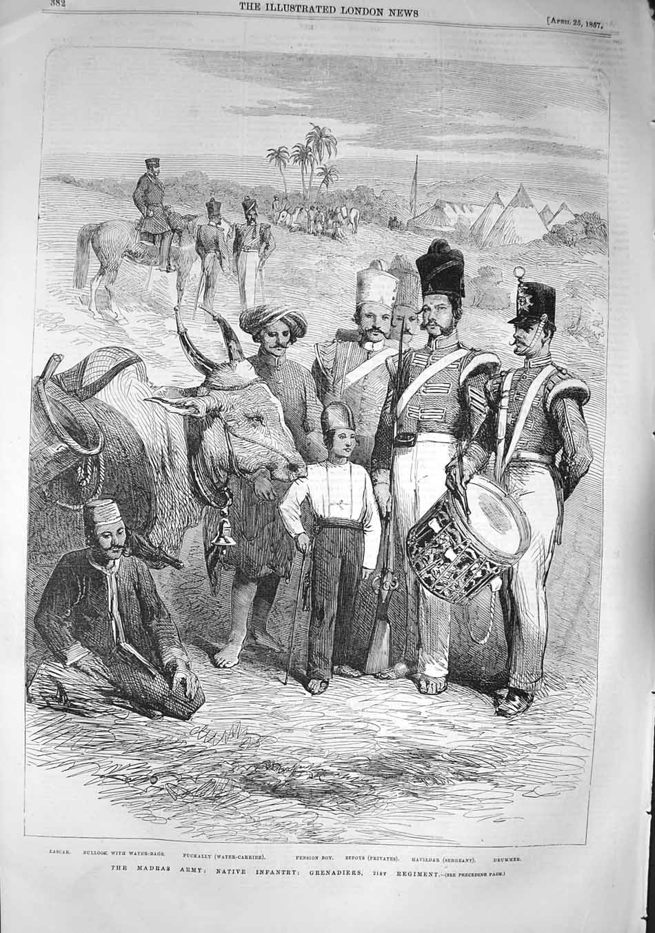 Original Old Antique Print 1857 Madras Army Lascar Puckally Pension Boy Sepoys