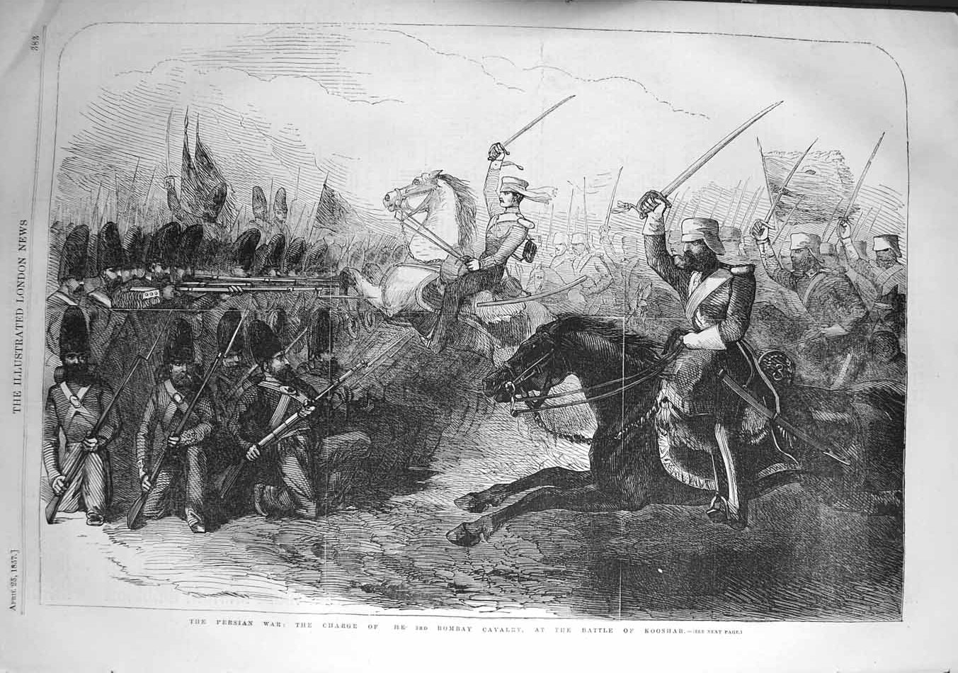 Original Old Antique Print 1857 Persian War Charge Bombay Cavalry Battle 19th