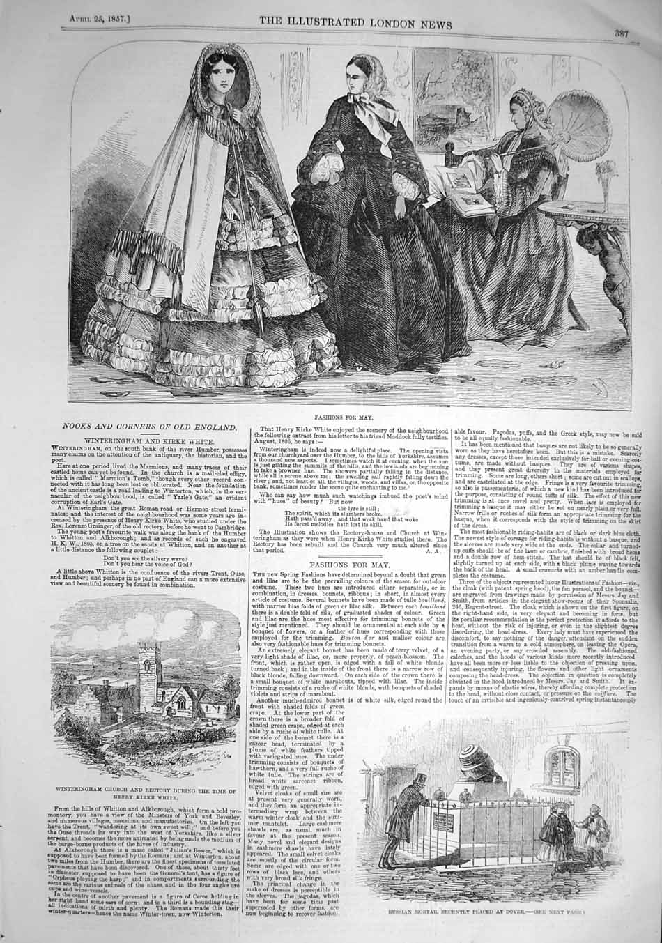 Original Old Antique Print 1857 Fashion Russian Mortar Dover Winteringham 19th