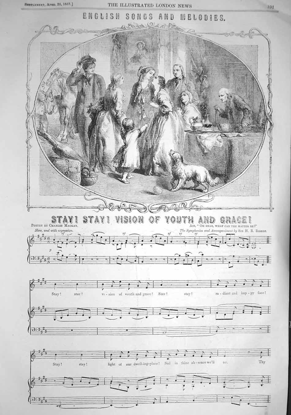 Old Antique Print 1857 English Songs Melodies Vision Youth Grace Mackay 19th