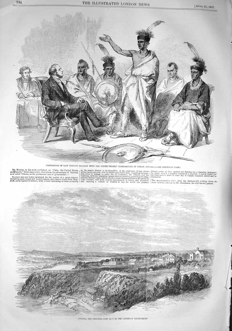 Original Old Antique Print 1857 Ottawa Canada Kaw Indians America Commissioner