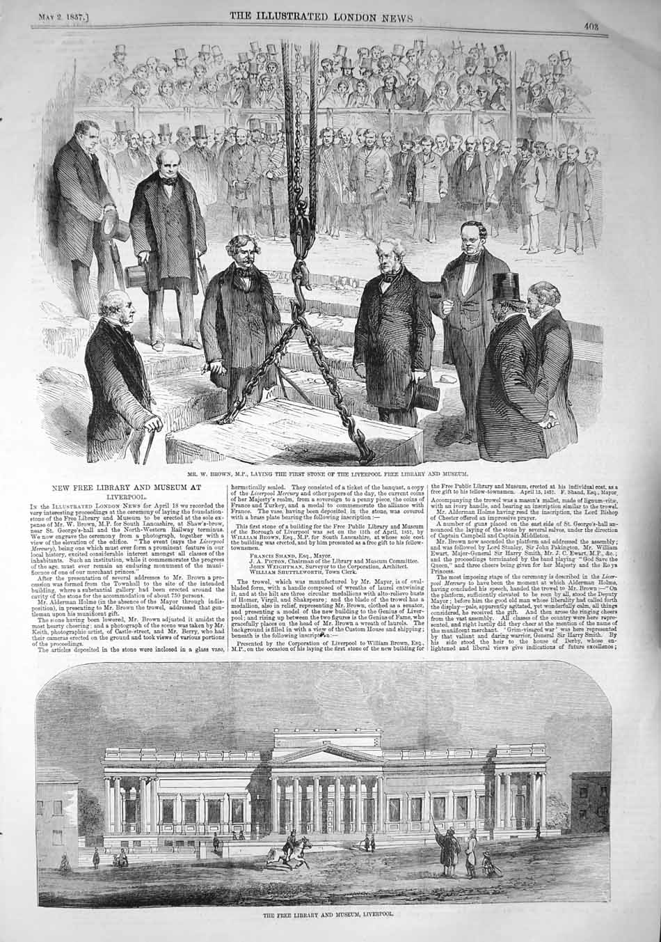Old Antique Print 1857 Brown Free Liverpool Library Museum Architecture 19th