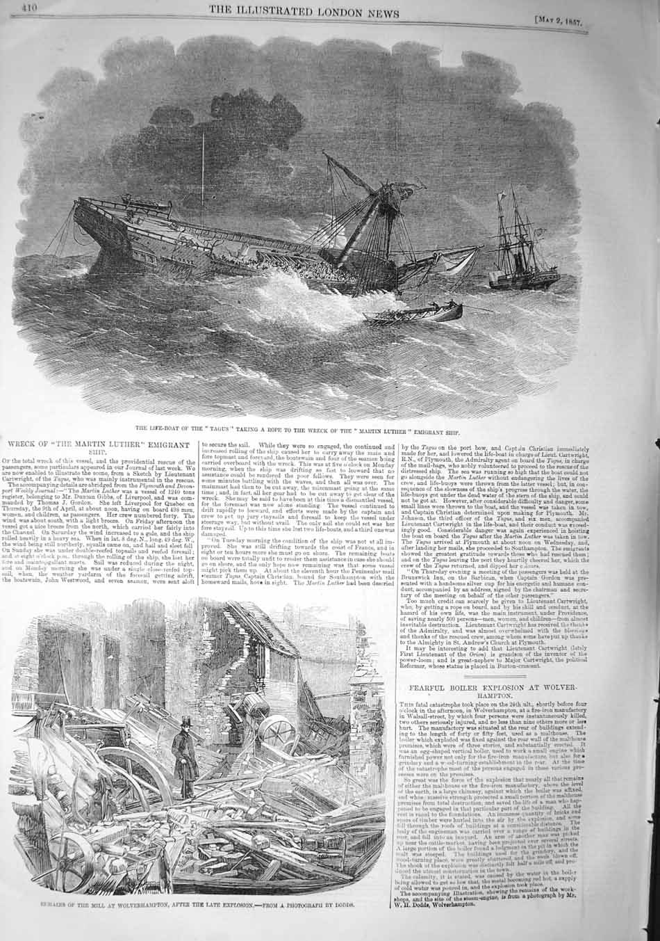Original Old Antique Print 1857 Life-Boat Tagus Emigrant Ship Wreck Martin 19th