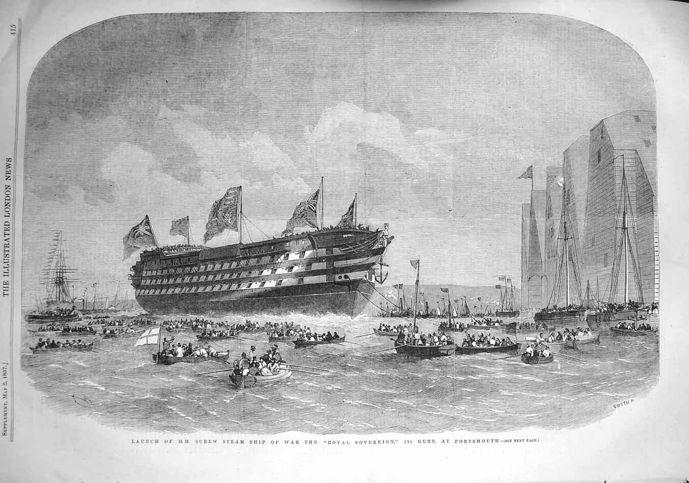 Antique Old Print *3704 1857 Screw Steam Ship War Royal Sovereign Portsmouth