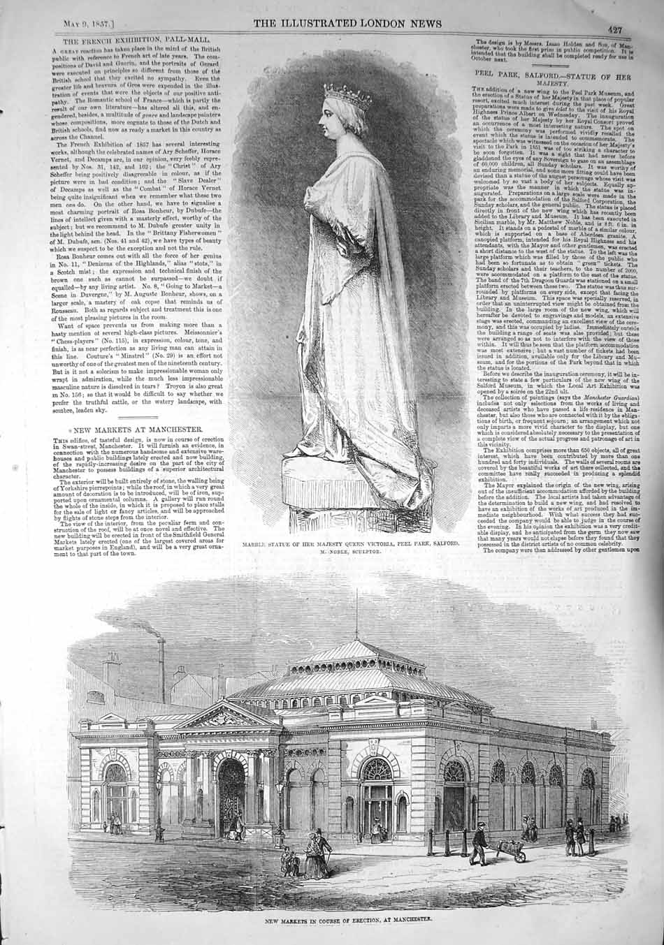 Old Antique Print 1857 Statue Queen Victoria Peel Park Salford Manchester 19th